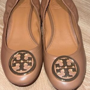 Tory Burch Women's Brown Leather Flats with TB Logo